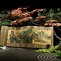Traditional Garden With Wooden Screen Landscape Painting Red Maple Green Plants Moss And Stones