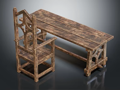 Vintage Wooden Dining Set With Table And Carved Chair Design Details 3d model