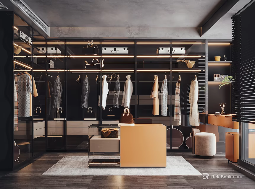 Modern Walk in Closet Interior With Clothing Racks Glass Door Cabinets And Display Table 3d model 