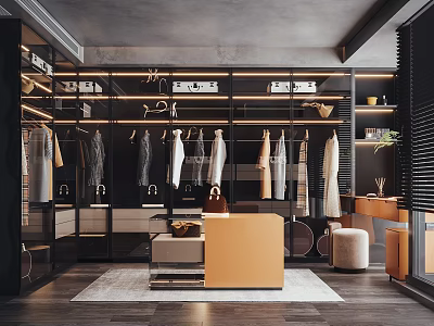 Modern Walk in Closet Interior With Clothing Racks Glass Door Cabinets And Display Table 3d model