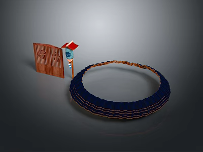 Architectural Structure Featuring Wooden Door Red Roof And Blue Circular Ring 3d model