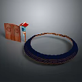 Architectural Structure Featuring Wooden Door Red Roof And Blue Circular Ring