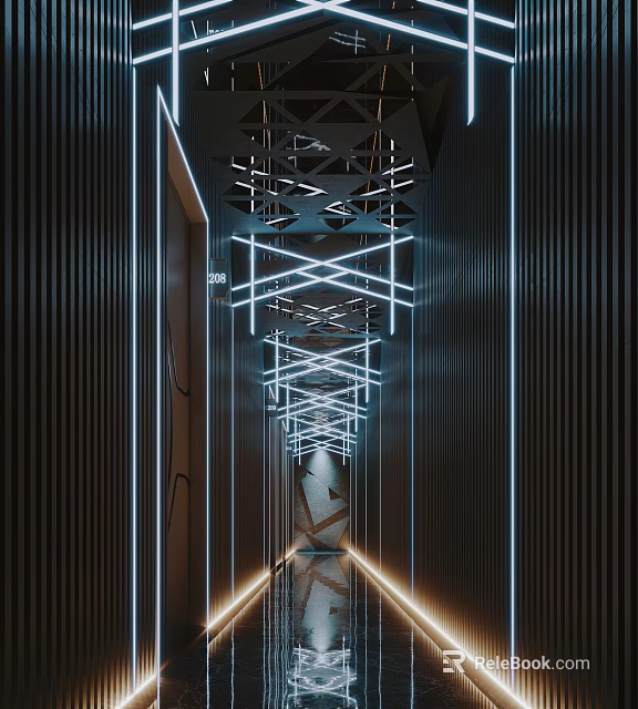 Modern Style KTV Corridor With Deep Blue Tone Metal Lines And Lighting Decoration 3d model 