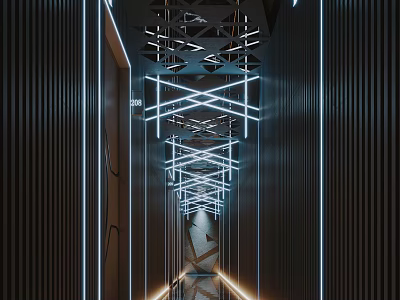 Modern Style KTV Corridor With Deep Blue Tone Metal Lines And Lighting Decoration 3d model