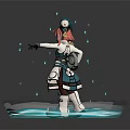 Pink Haired Game Movie Character With Decorative Blue Hat White Blue Outfit And Glowing Circular Platform
