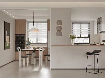 Modern Dining Area Open Design With Dining Table Chairs Pendant Light And Bar Stools 3d model