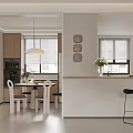 Modern Dining Area Open Design With Dining Table Chairs Pendant Light And Bar Stools