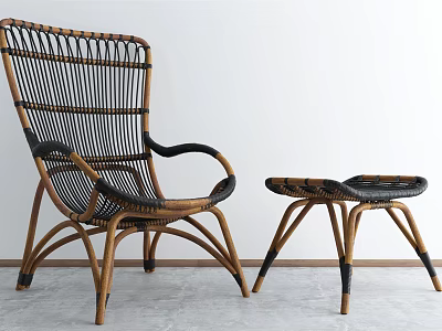 Wicker Leisure Chair with Curved Rattan Frame and Matching Small Stool in Minimalist Room Setting 3d model