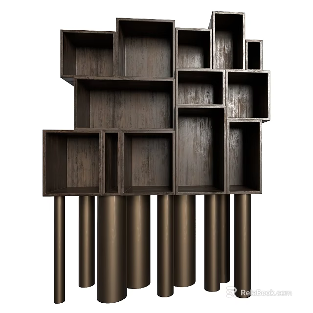 Modern Wooden Bookcase With Open Cube Shelves And Metal Support Legs Design 3d model 