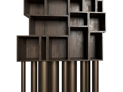 Modern Wooden Bookcase With Open Cube Shelves And Metal Support Legs Design 3d model