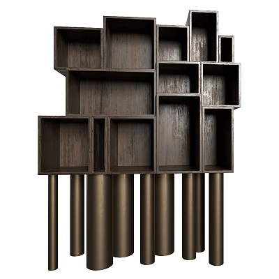 Modern Wooden Bookcase With Open Cube Shelves And Metal Support Legs Design 3d model