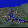 Detailed Aerial Planning Layout With Curving River Green Spaces And Round Dome Structures
