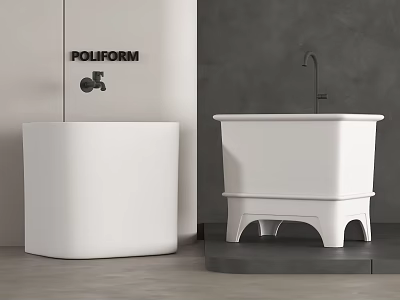 Modern Bathroom Interior Design With Two White Bathtubs And Grey Walls 3d model