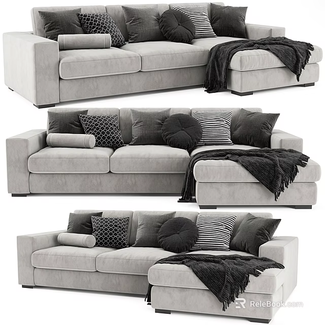 Modern Gray Sectional Sofa with Decorative Pillows and Soft Throw Blanket 3d model