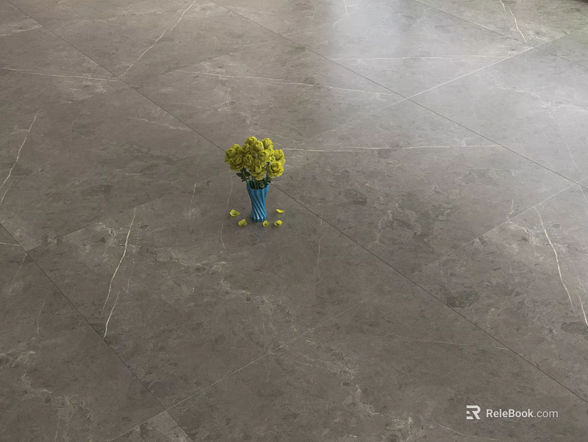 Gray Marble Pattern Floor Tiles With Blue Vase And Yellow Flowers 3d model 