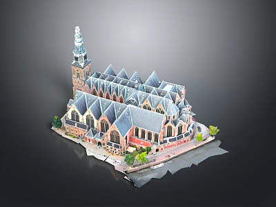 Traditional Architectural Model With Spire Tower Multiple Gabled Roofs Arched Windows And Green Plants 3d model