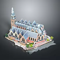 Traditional Architectural Model With Spire Tower Multiple Gabled Roofs Arched Windows And Green Plants