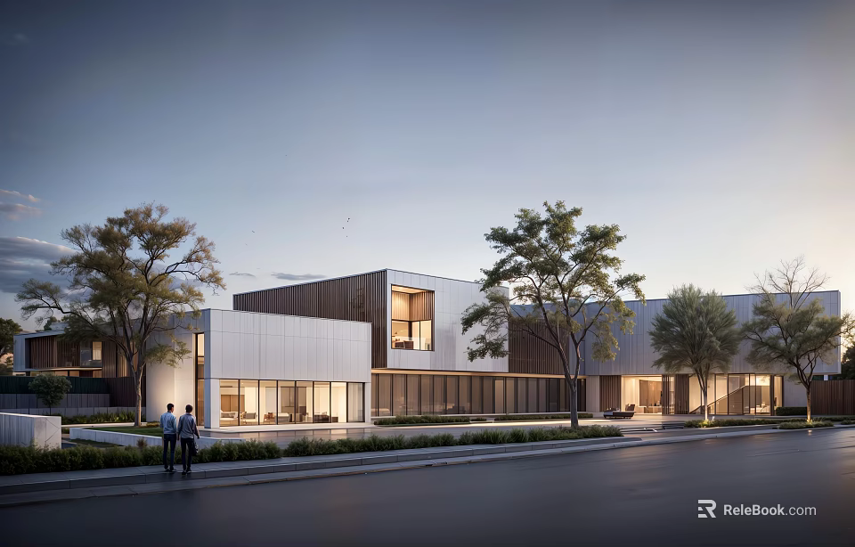 Modern Building Exterior With Trees Street And Two People Standing Outside 3d model 