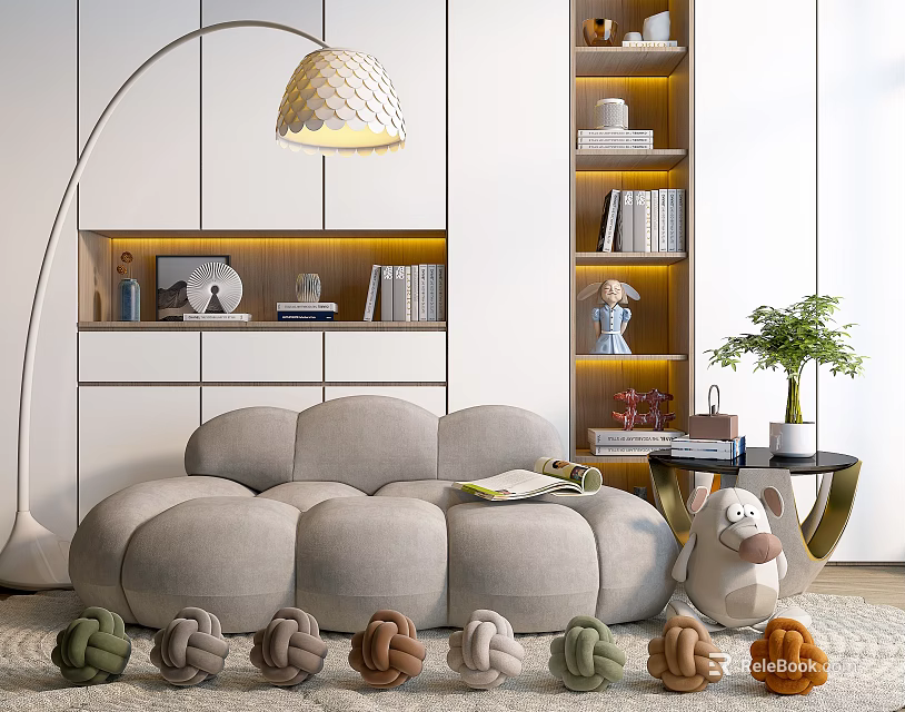 Light Gray Rounded Multi Seat Sofa With Floor Lamp Bookshelf Green Plant And Woven Knots 3d model 