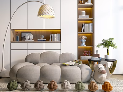 Light Gray Rounded Multi Seat Sofa With Floor Lamp Bookshelf Green Plant And Woven Knots 3d model