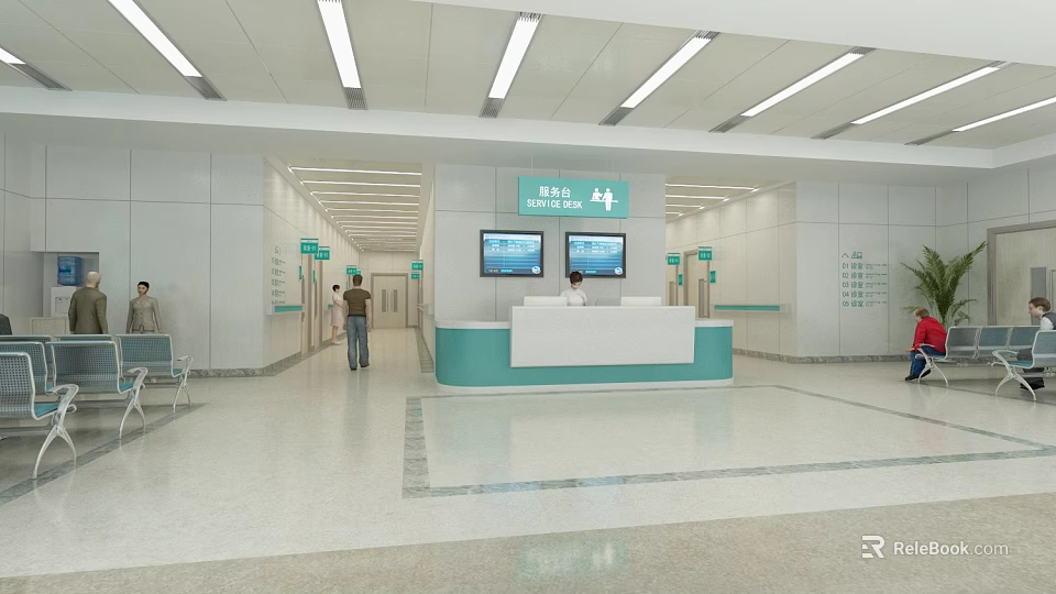 Bright Modern Hospital Waiting Hall With Reception Desk Digital Screens And Lighting 3d model 