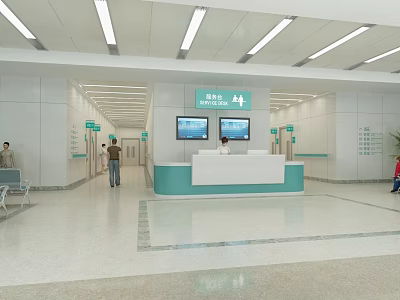 Bright Modern Hospital Waiting Hall With Reception Desk Digital Screens And Lighting 3d model