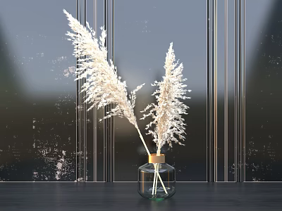 Glass Vase With Gold Lid Holding White Feathery Flowers On Dark Surface Vertical Stripes Background 3d model