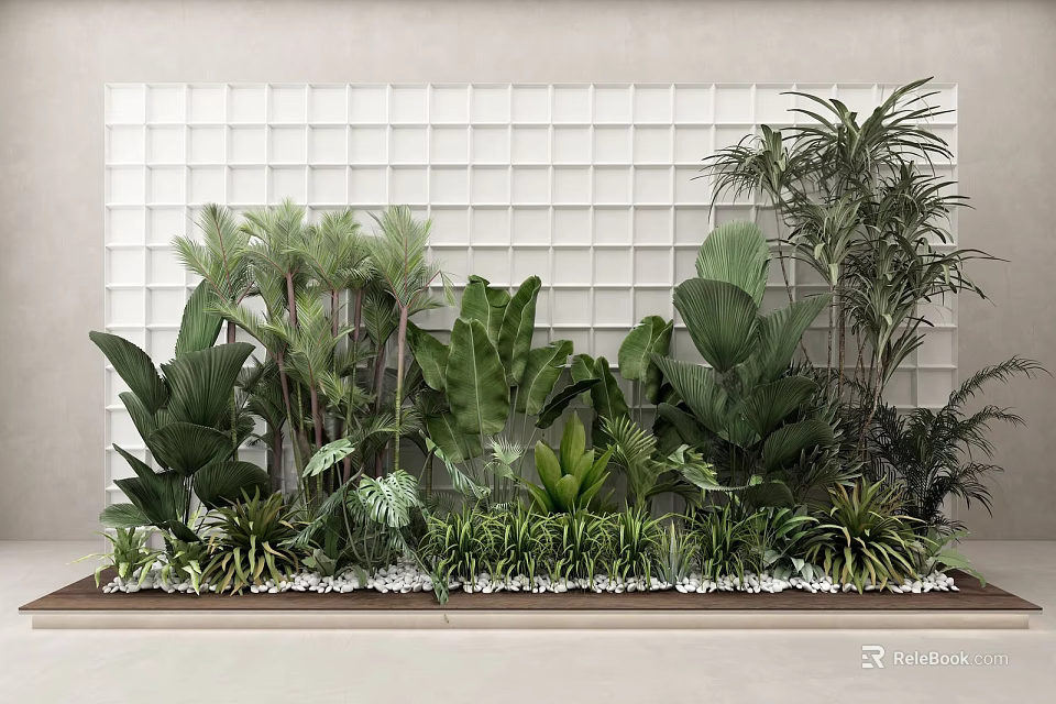 Lush Indoor Plant Display With Glass Block Wall And Pebbles 3d model 