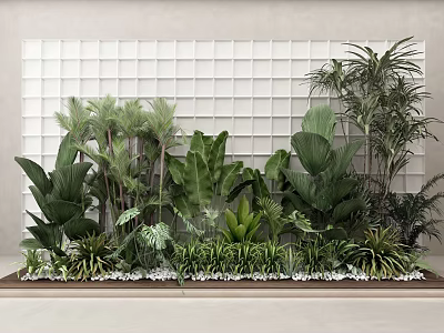 Lush Indoor Plant Display With Glass Block Wall And Pebbles 3d model