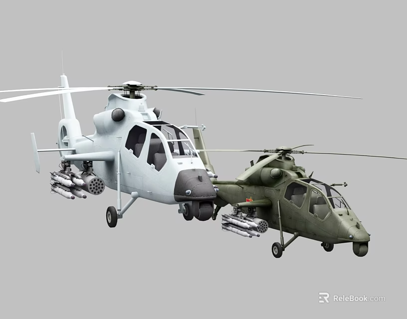 Two Light and Green Military Attack Helicopters with Weapon Systems 3d model 
