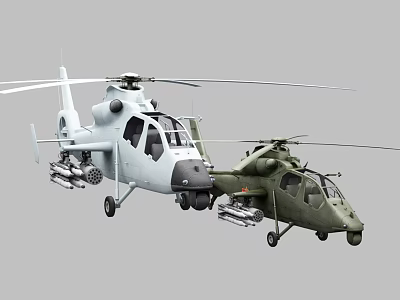 Two Light and Green Military Attack Helicopters with Weapon Systems 3d model