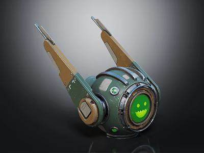 Futuristic Mechanical Creature With Green Smiley Screen Metallic Body And Wooden Support Brackets 3d model