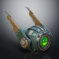 Futuristic Mechanical Creature With Green Smiley Screen Metallic Body And Wooden Support Brackets