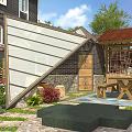 Contemporary Garden Landscape With Glass Shelter Wooden Table Stone Path And Flower Beds