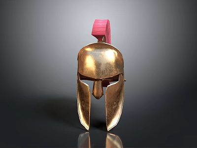 Ancient Bronze Weapon Helmet Featuring Polished Gold Surface And Red Crest Decoration 3d model