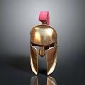 Ancient Bronze Weapon Helmet Featuring Polished Gold Surface And Red Crest Decoration