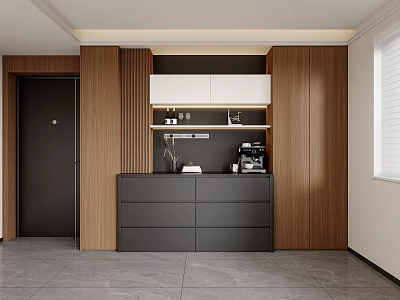 Stylish Modern Interior Design With Wooden Sideboard And Black Drawers Countertop Decorations 3d model