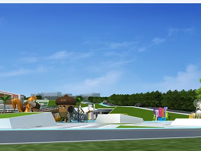 Park Landscape With Green Lawn Colorful Playground Structures Winding Paths And Lush Trees 3d model