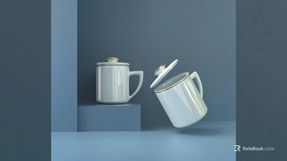 Two White Gold Rimmed Cups One with Lid on Blue Step Another Tilted Open 3d model 