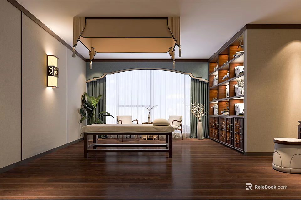 Tranquil SPA Sauna Room With Massage Table Wooden Floors Bookshelves And Green Plants 3d model 
