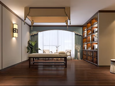 Tranquil SPA Sauna Room With Massage Table Wooden Floors Bookshelves And Green Plants 3d model