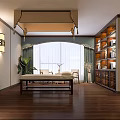 Tranquil SPA Sauna Room With Massage Table Wooden Floors Bookshelves And Green Plants