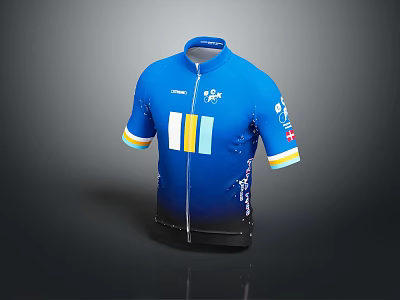 Blue Cycling Jersey With Yellow White Light Blue Stripes And Logos On Sleeves 3d model