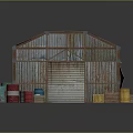 Rustic Metal Shed Structure With Rusted Roof Roll Up Doors And Wooden Crates