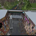 Modern Commercial Street With Glass Facade Green Trees Pedestrian Area And Shops