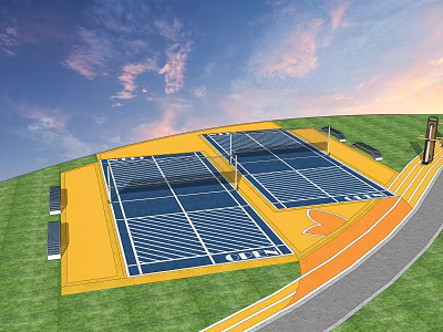 Outdoor Fitness Facility With Two Tennis Courts And Curved Running Track On Green Grass 3d model