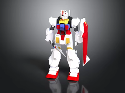 White Robot Character With Red Blue Yellow Accents Holding Shield And Sword 3d model