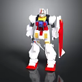 White Robot Character With Red Blue Yellow Accents Holding Shield And Sword