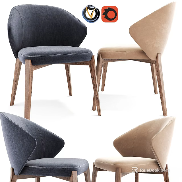 Navy Blue and Beige Upholstered Accent Chair with Wooden Legs Modern Design 3d model 