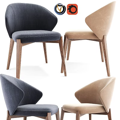 Navy Blue and Beige Upholstered Accent Chair with Wooden Legs Modern Design 3d model